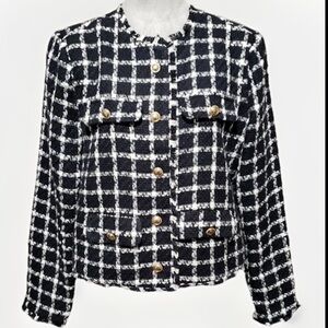 Free Assembly XL 16 18 Blazer Jacket Black Plaid Tweed Fringe Gold Buttons